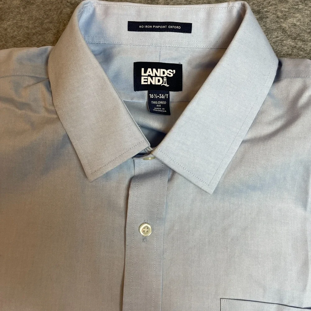 Lands' End Dress Shirt Men 16.5 Blue 100% Cotton Tailored Fit Collar Button Down